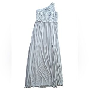 David’s Bridal gray lace, one-shoulder gown